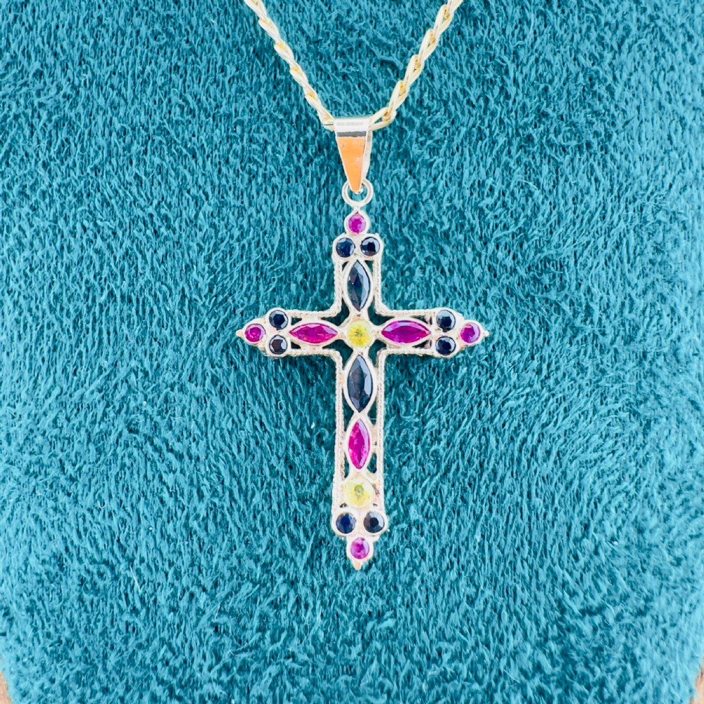 9ct Gold Sapphire, Ruby and Yellow Quartz Cross Cluster Pendant Necklace View II