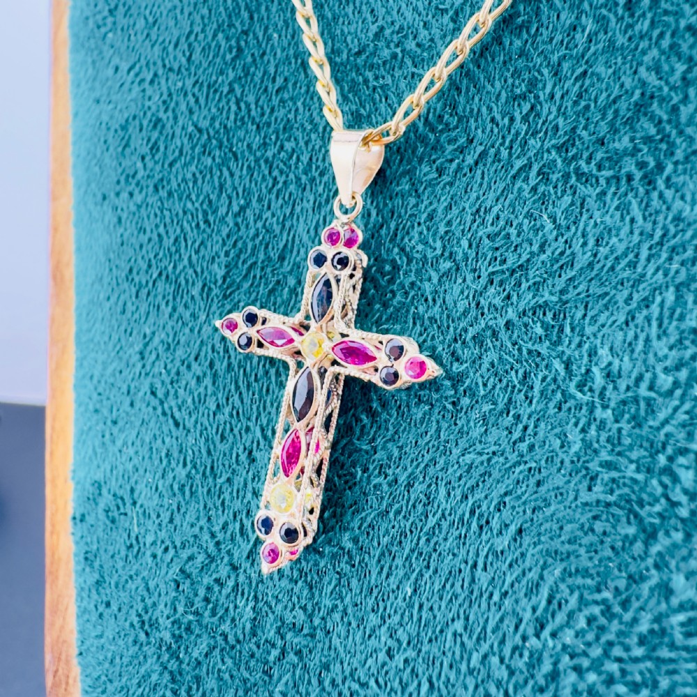 9ct Gold Sapphire, Ruby and Yellow Quartz Cross Cluster Pendant Necklace View III