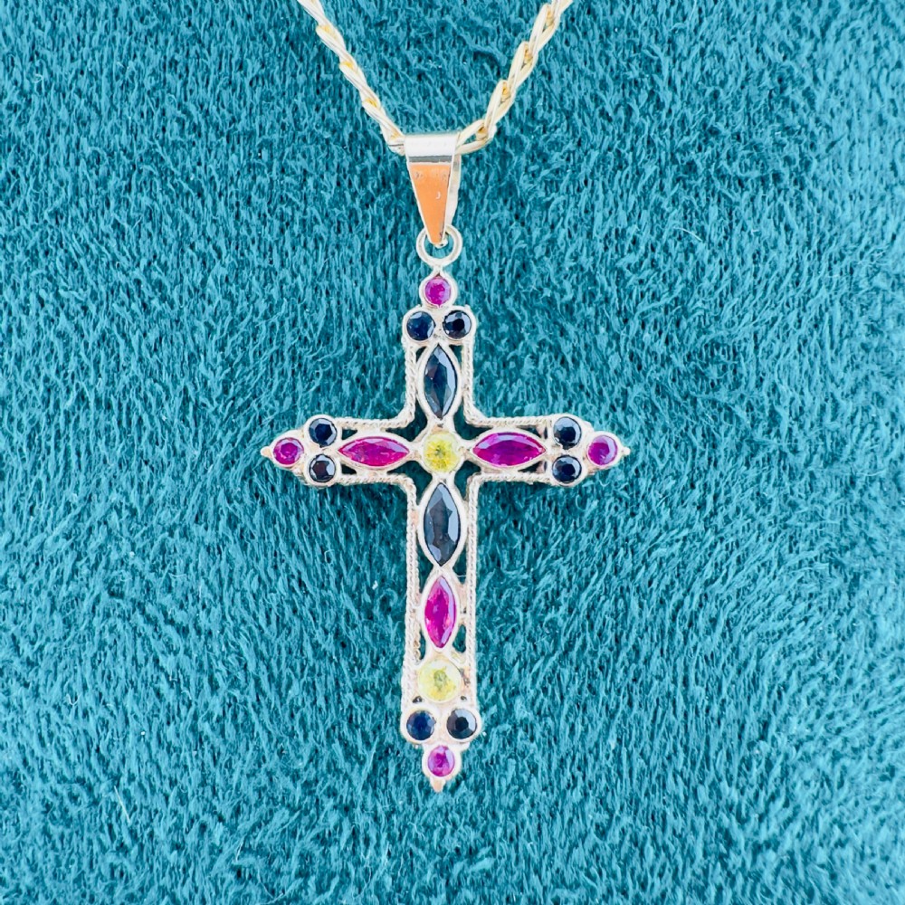9ct Gold Sapphire, Ruby and Yellow Quartz Cross Cluster Pendant Necklace View VI