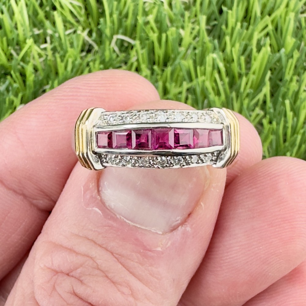14ct White Gold Princess Ruby and Diamond Cluster Ring