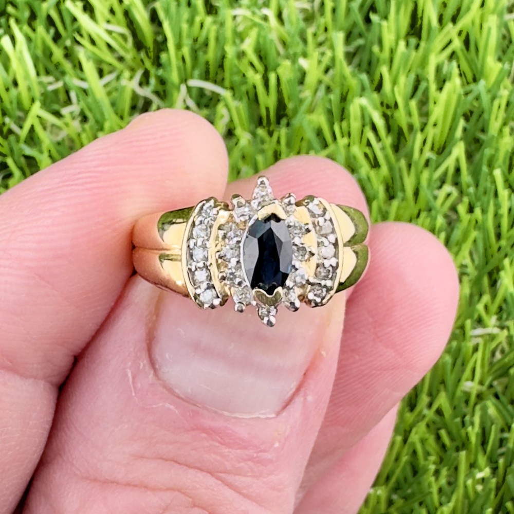 14ct Gold Vintage Marquis Cut Sapphire and Diamond Cluster Ring