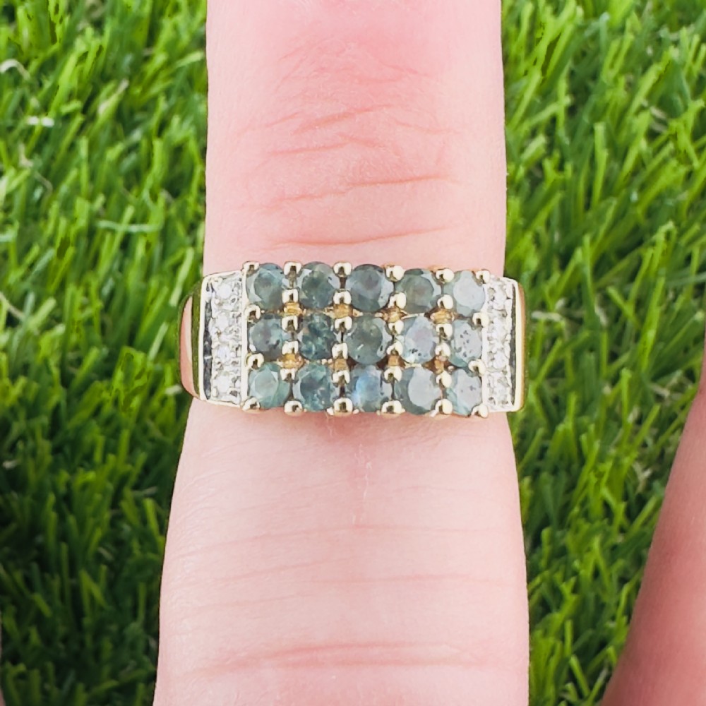 14ct Gold Green Alexandrite and Diamond Cluster Ring