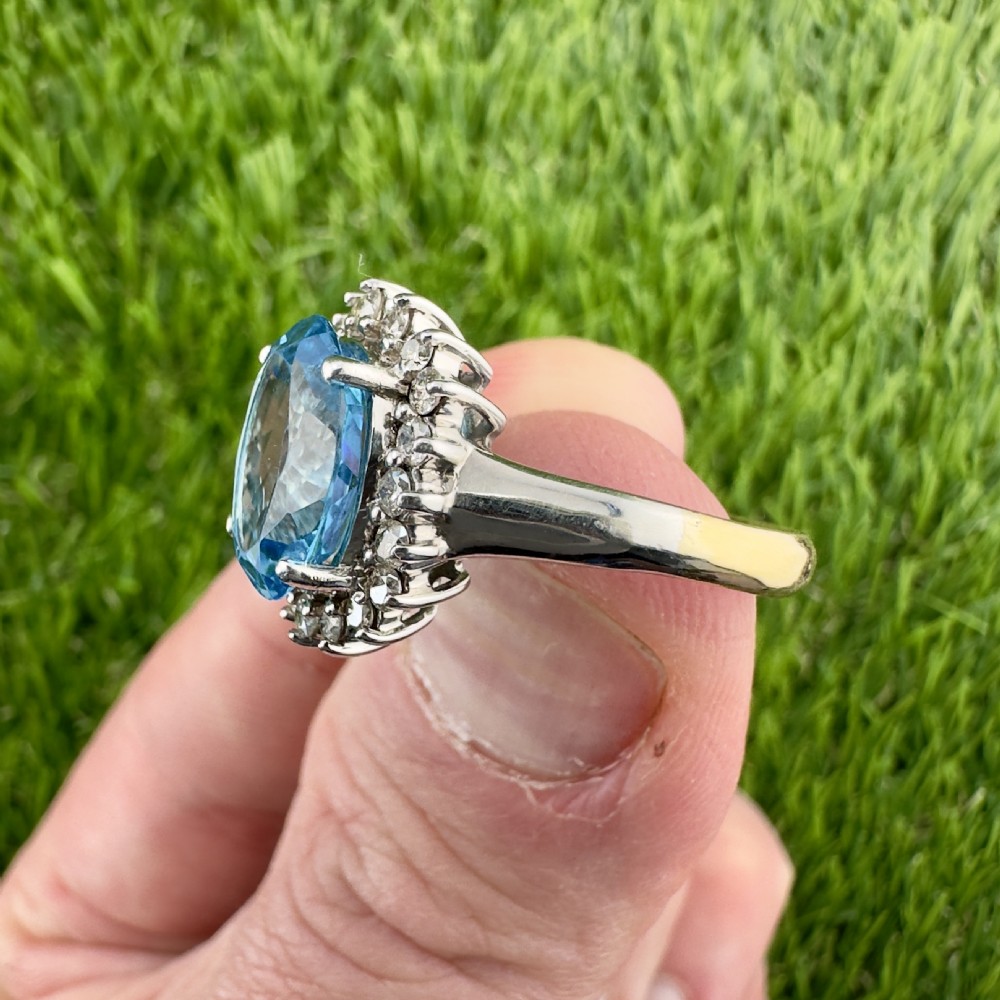 18ct Gold Blue Topaz and Diamond Cluster Ring View III