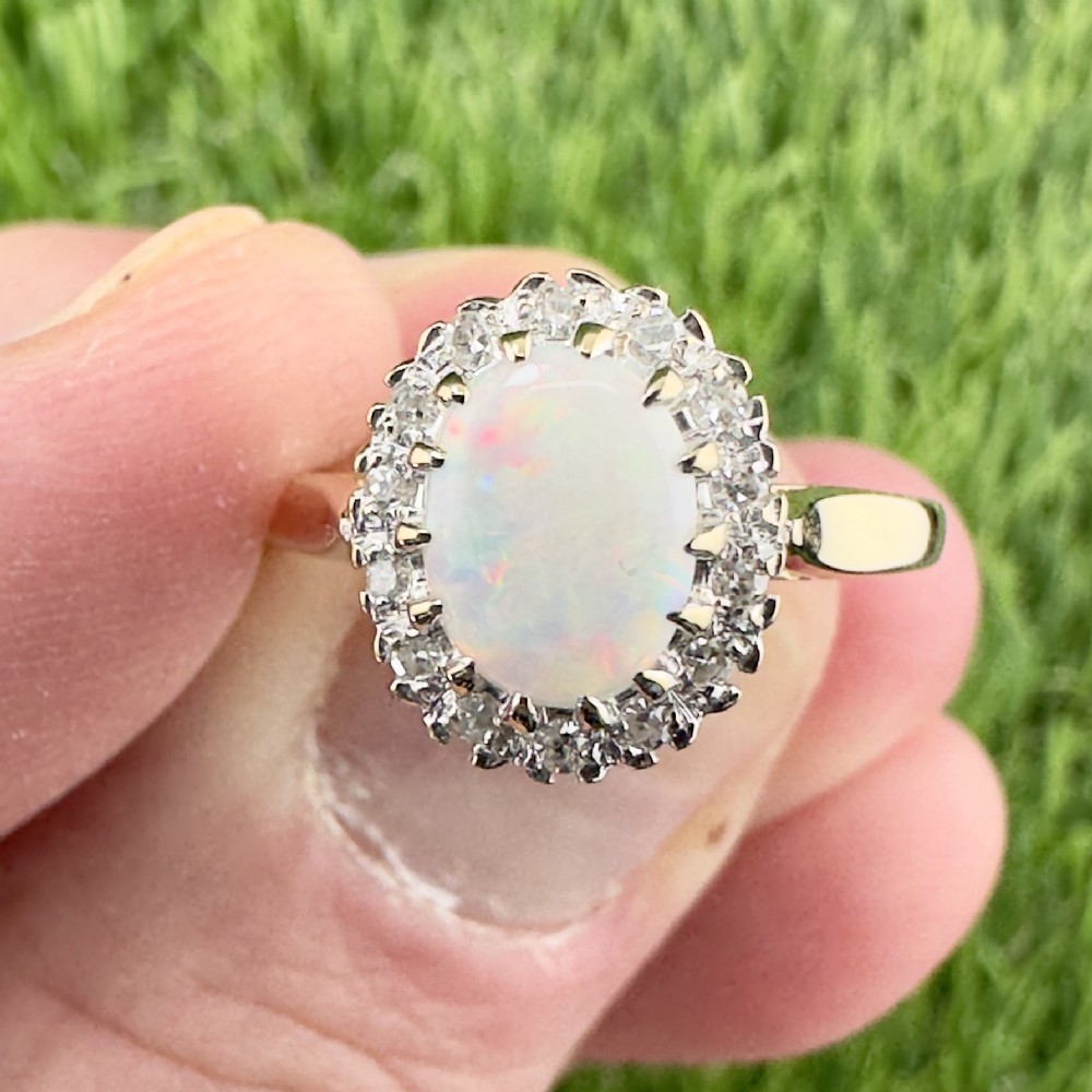 9ct Gold Cabochon Opal and Diamond Cluster Ring
