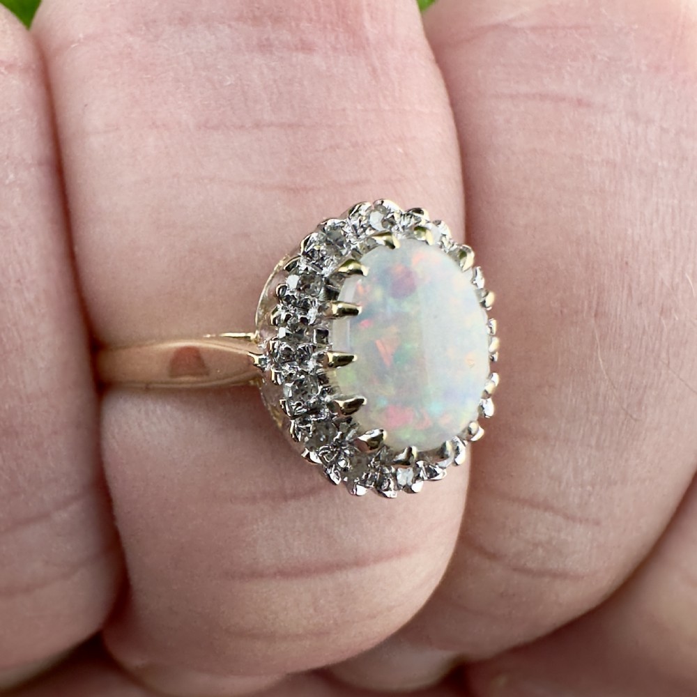 9ct Gold Cabochon Opal and Diamond Cluster Ring View XI