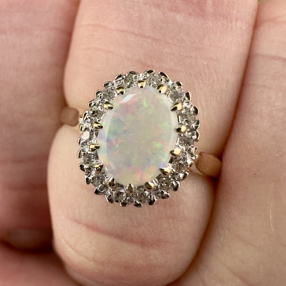 9ct Gold Cabochon Opal and Diamond Cluster Ring View XII