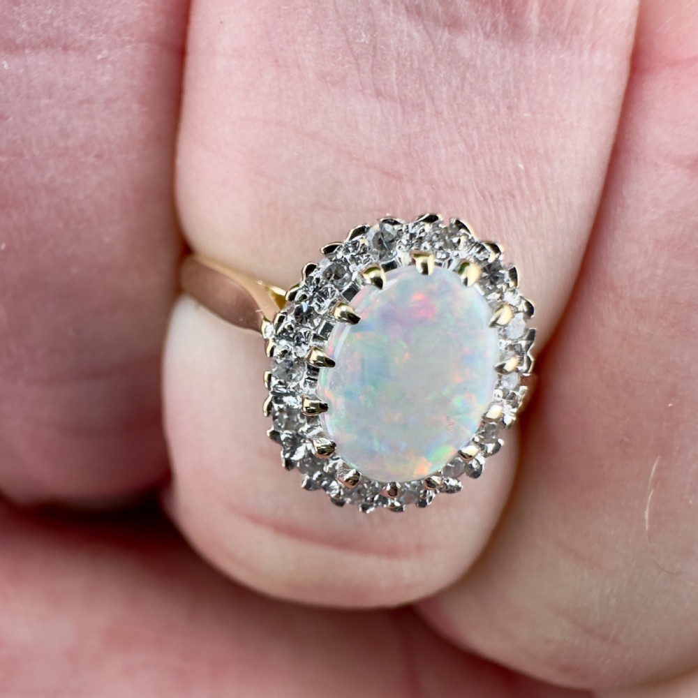 9ct Gold Cabochon Opal and Diamond Cluster Ring View XIV