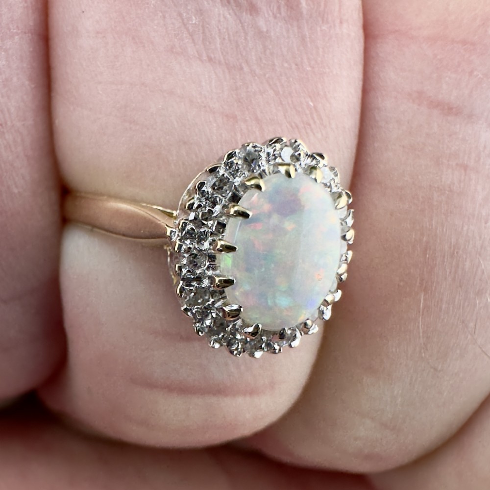 9ct Gold Cabochon Opal and Diamond Cluster Ring View XV