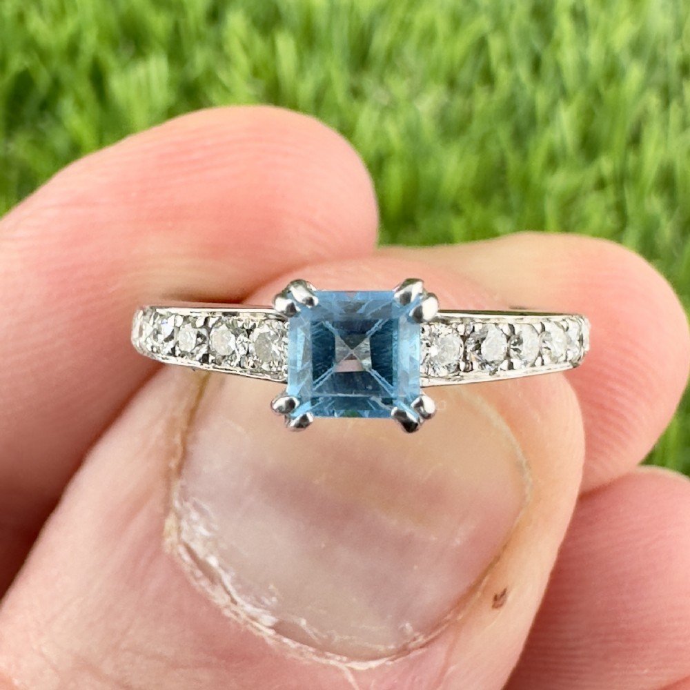 Palladium Diamond and Aquamarine Ring