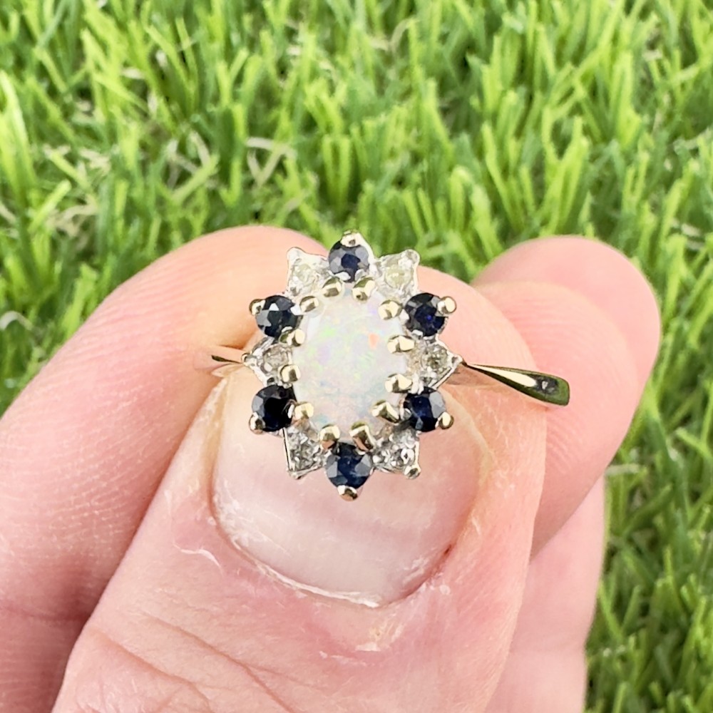 9ct Gold Opal Diamond and Sapphire Cluster Ring