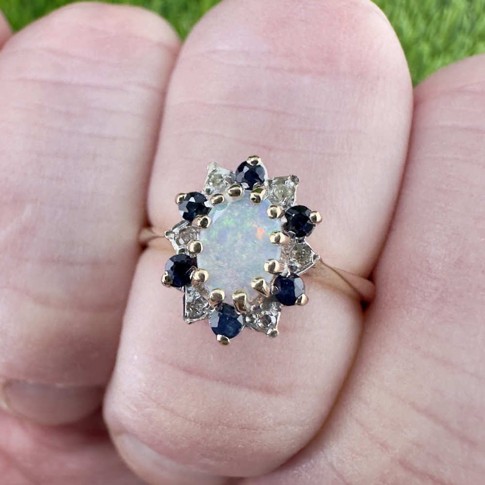 9ct Gold Opal Diamond and Sapphire Cluster Ring View XII