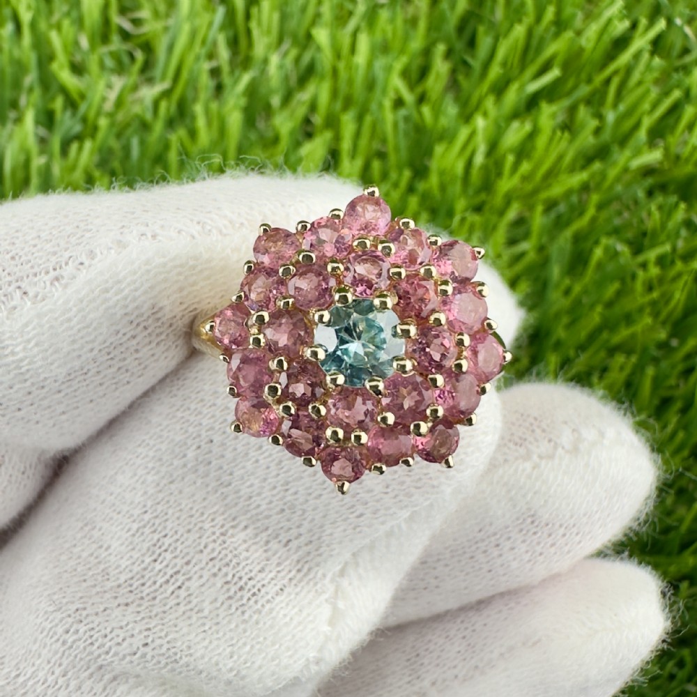 9ct Gold Aquamarine and Pink Topaz Cluster Ring