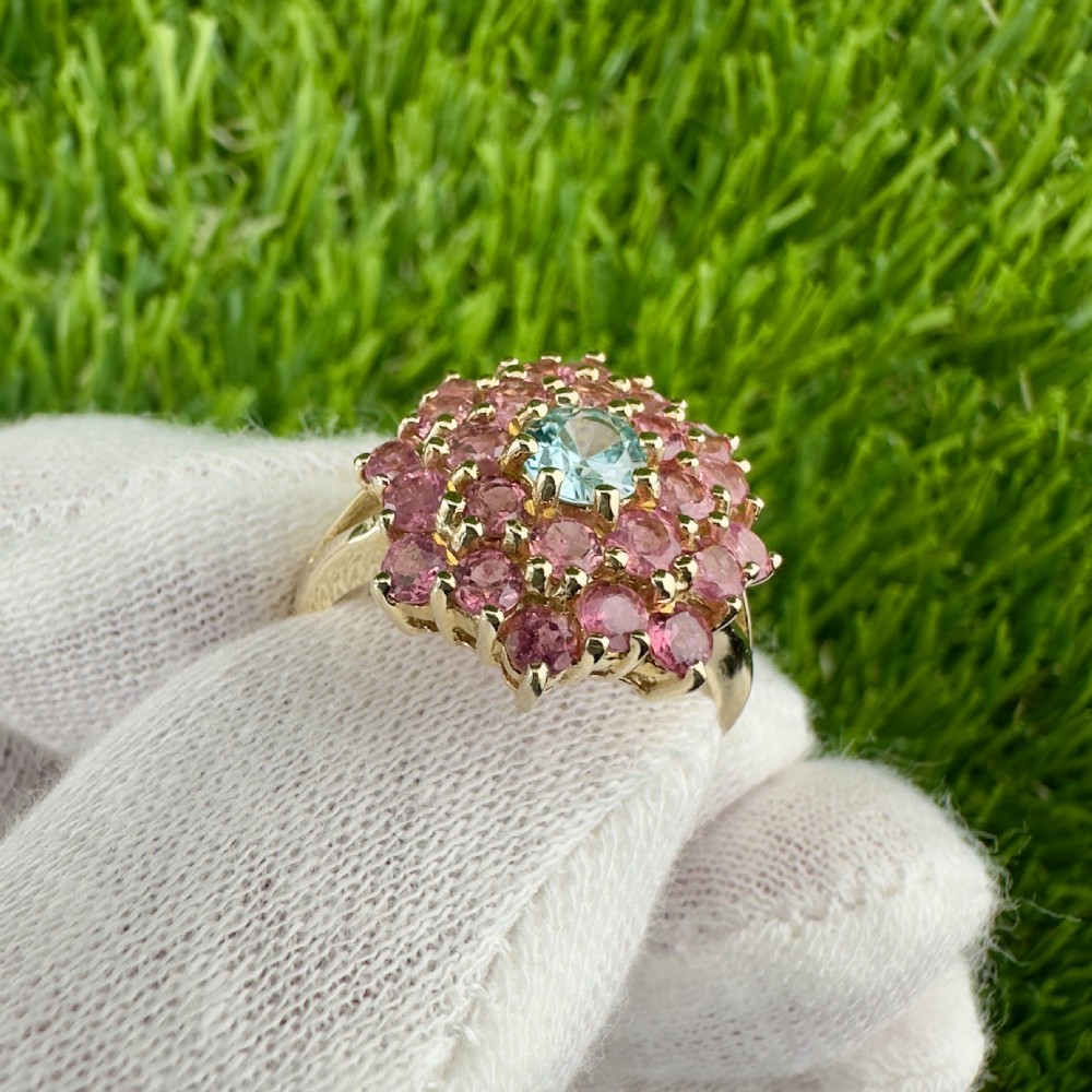 9ct Gold Aquamarine and Pink Topaz Cluster Ring View IV