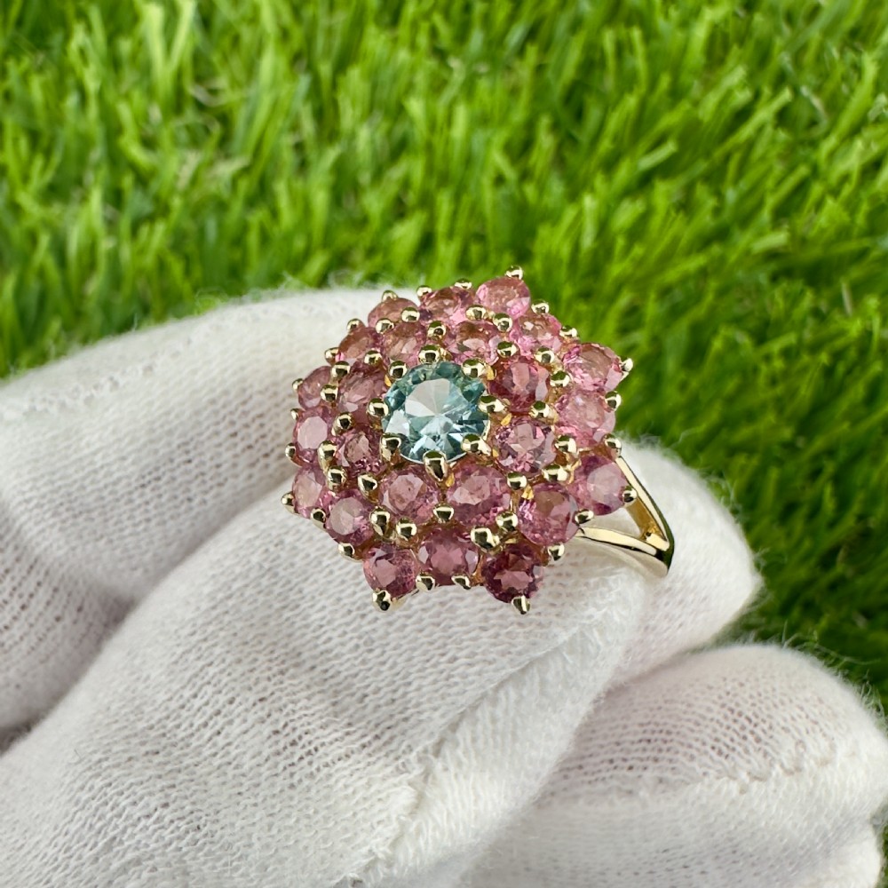 9ct Gold Aquamarine and Pink Topaz Cluster Ring View VI