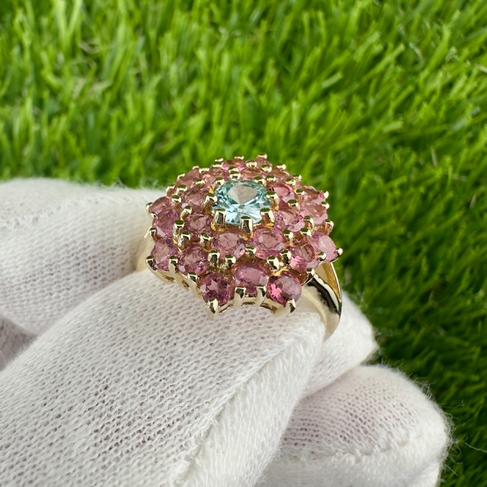 9ct Gold Aquamarine and Pink Topaz Cluster Ring View VII