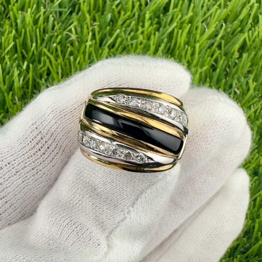 14ct Gold Heavy Black Onyx and Diamond Cluster Ring