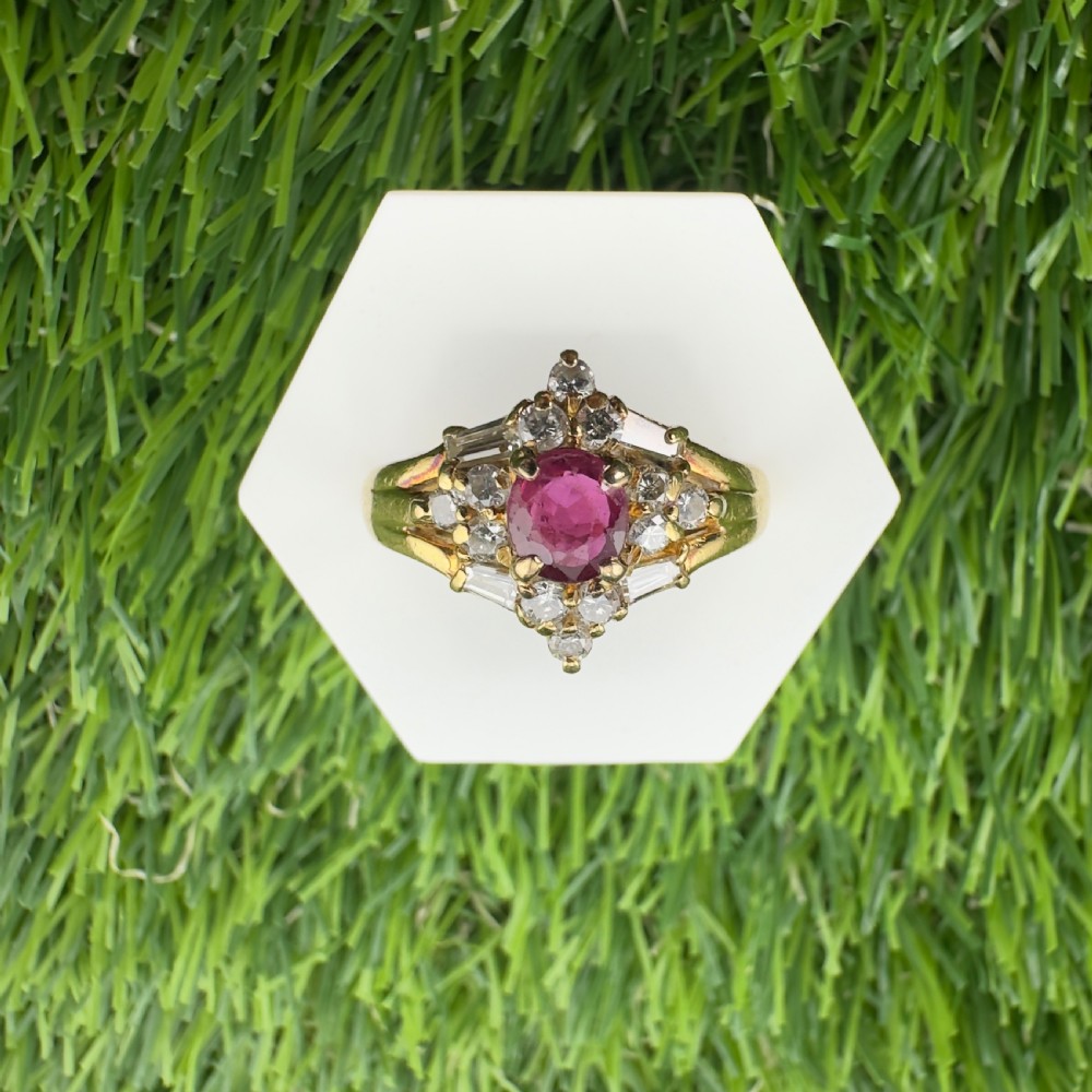 18ct Gold Ruby & Baguette & Round Cut Diamond Cluster Ring View VII