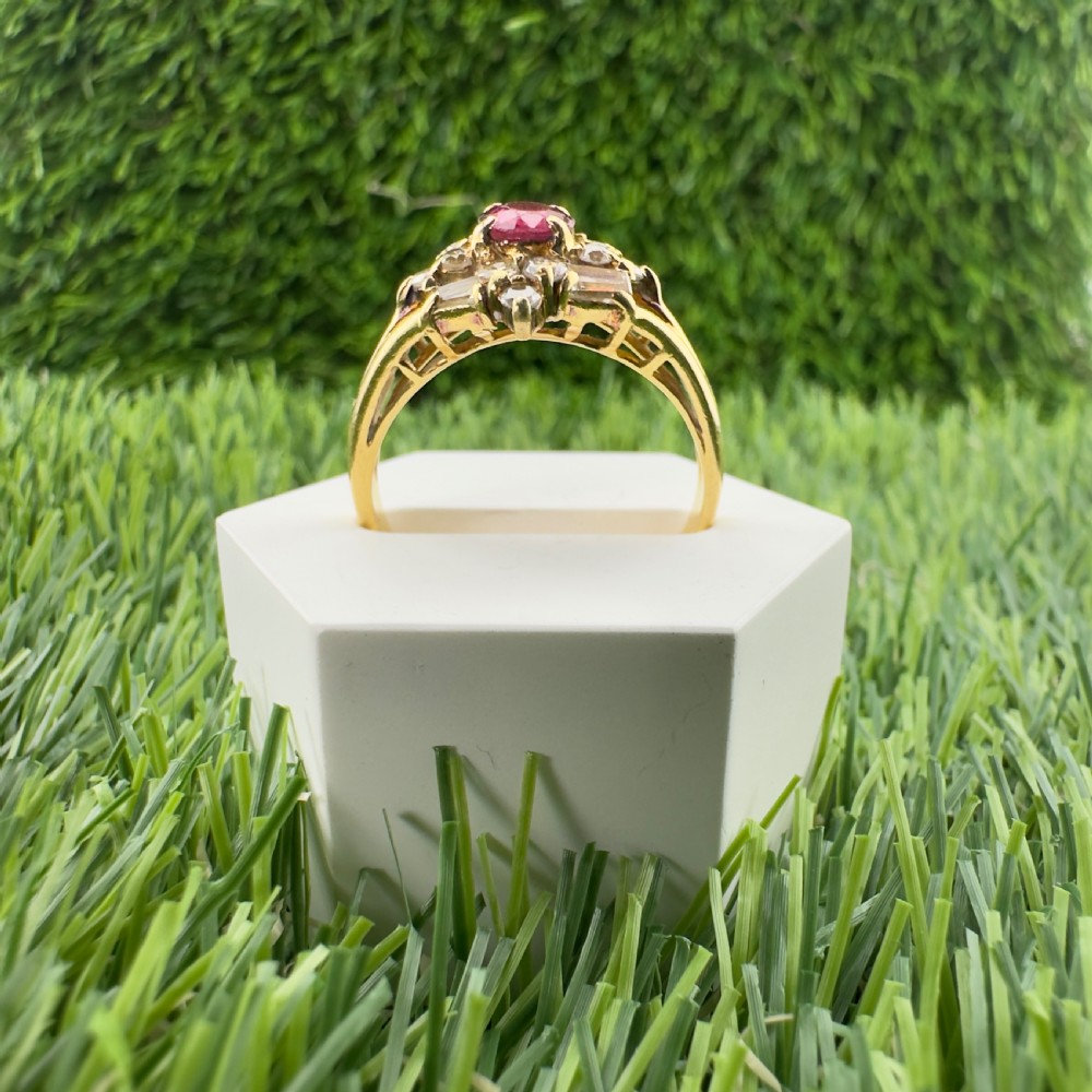 18ct Gold Ruby & Baguette & Round Cut Diamond Cluster Ring View VIII