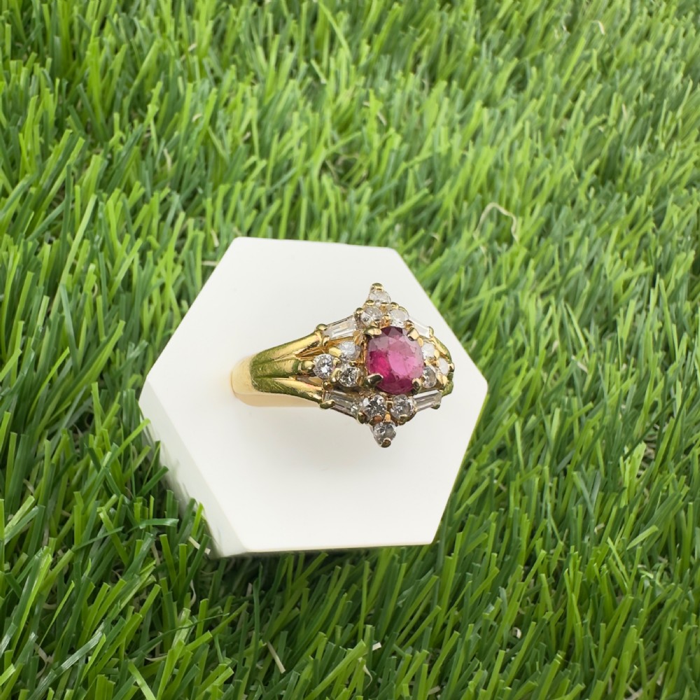 18ct Gold Ruby & Baguette & Round Cut Diamond Cluster Ring View IX