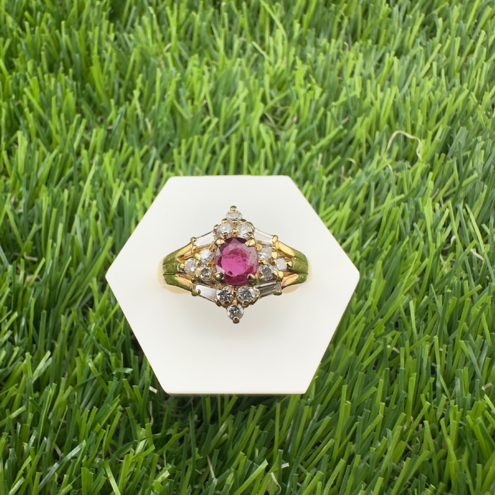 18ct Gold Ruby & Baguette & Round Cut Diamond Cluster Ring View X