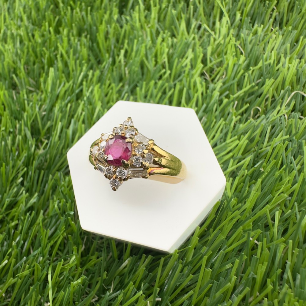 18ct Gold Ruby & Baguette & Round Cut Diamond Cluster Ring View XI