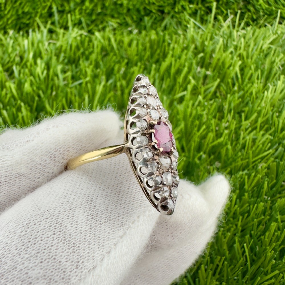 18ct Yellow Gold Victorian Ruby an d Old Rose Cut Diamond Marquise Cluster Ring View VI