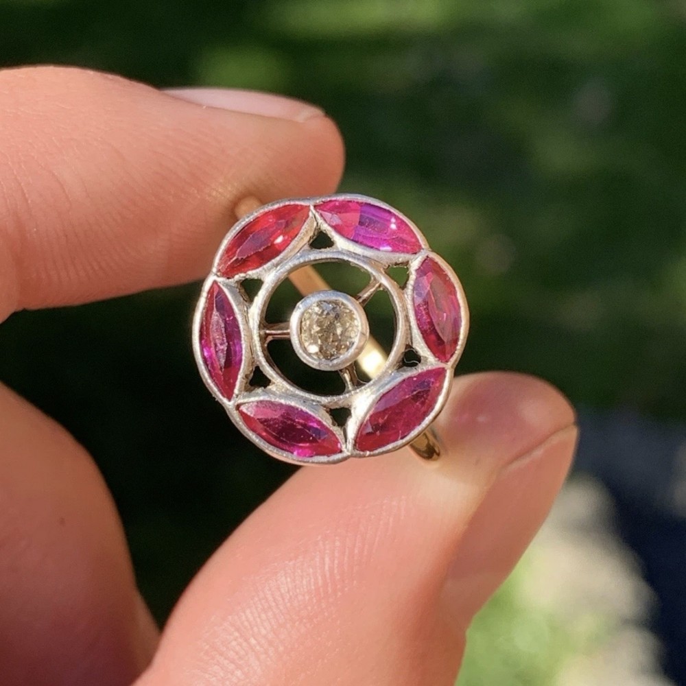 18ct Gold Art Deco Old Cut (0.20ct) Diamond and Marquise Cut Ruby Surround Cluster Ring, C1930's