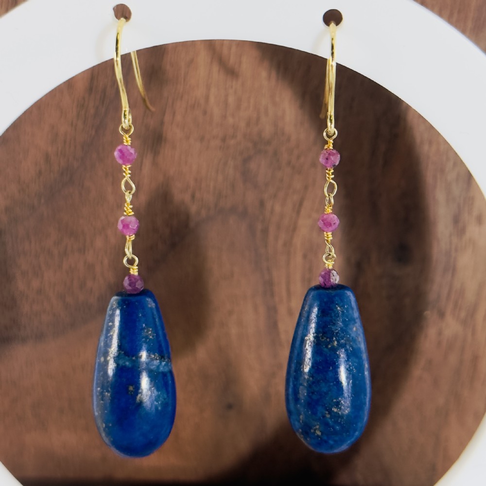 9ct Gold Lapis Lazuli and Ruby Bead Drop Dangly Earrings