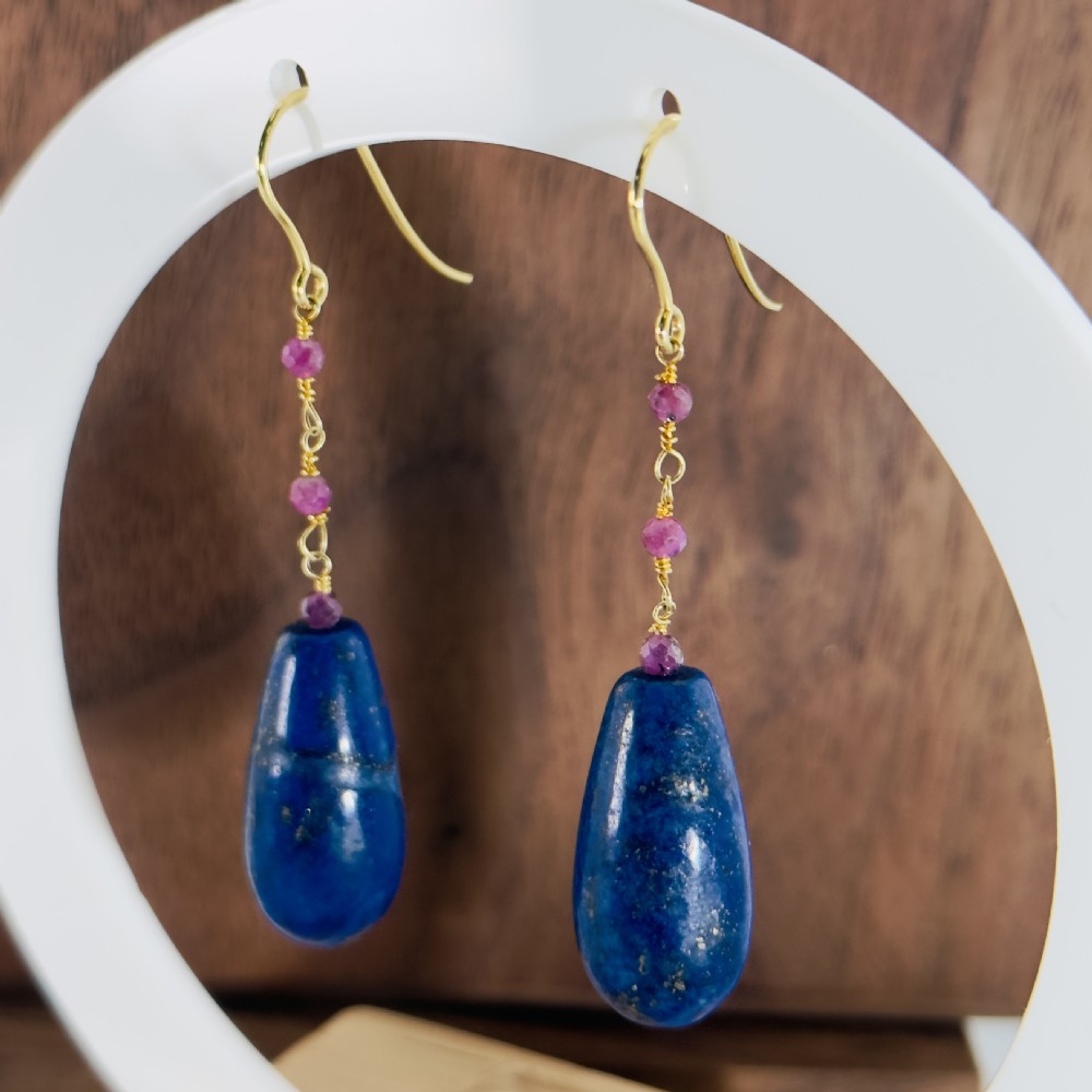 9ct Gold Lapis Lazuli and Ruby Bead Drop Dangly Earrings View II