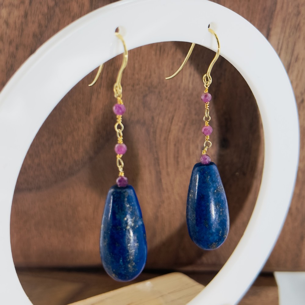 9ct Gold Lapis Lazuli and Ruby Bead Drop Dangly Earrings View III