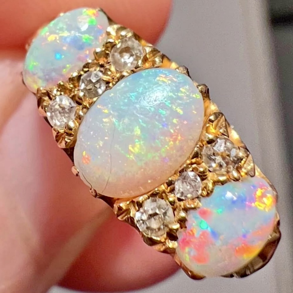 18ct Gold Edwardian Trio Opal and Diamond Cluster Ring