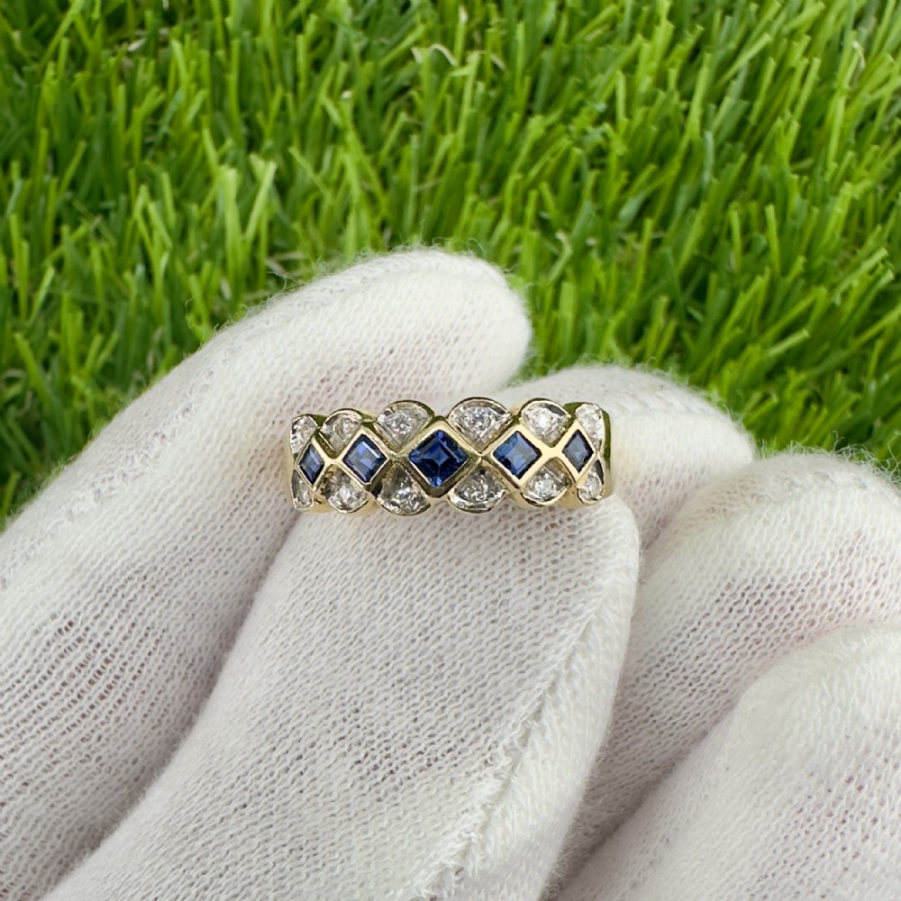 18ct Gold Sapphire and Diamond Geometric Patterned Half Eternity Ring