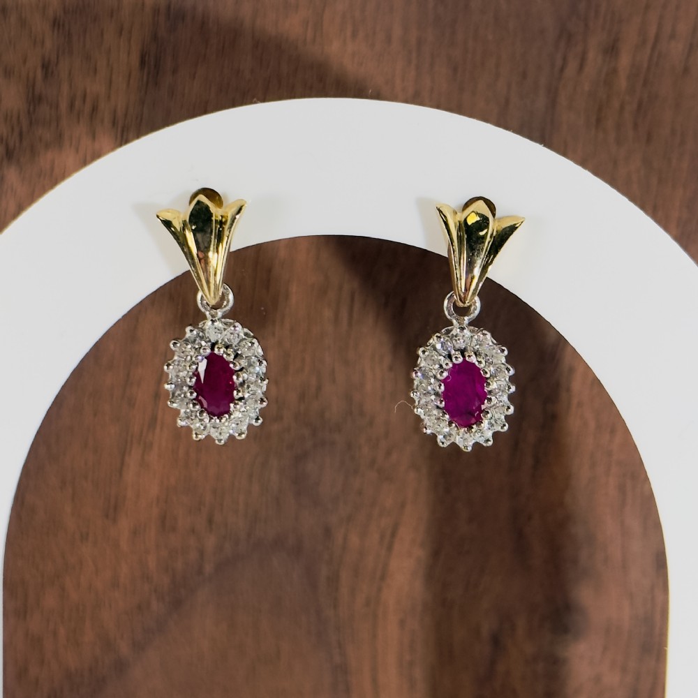 9ct Gold Ruby and Diamond Cluster Drop Stud Earrings