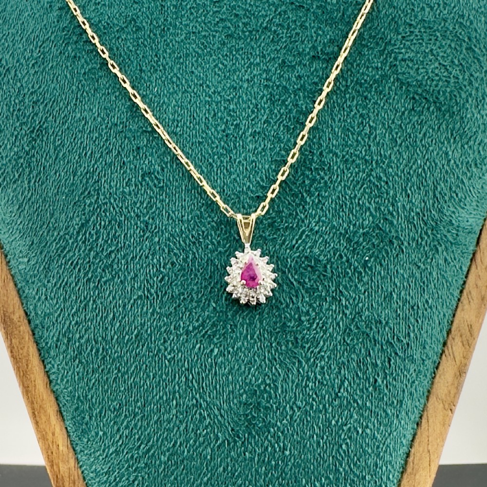 9ct Yellow Gold Pear Cut Ruby and Diamond Cluster Pendant Necklace