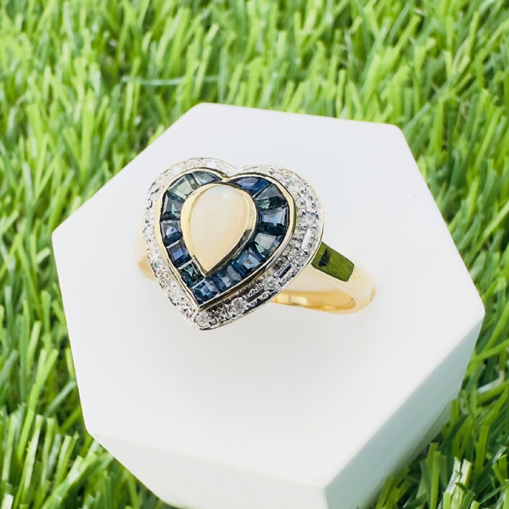 9ct Gold Pear Cut Opal with Sapphire and Diamond Cluster Ring