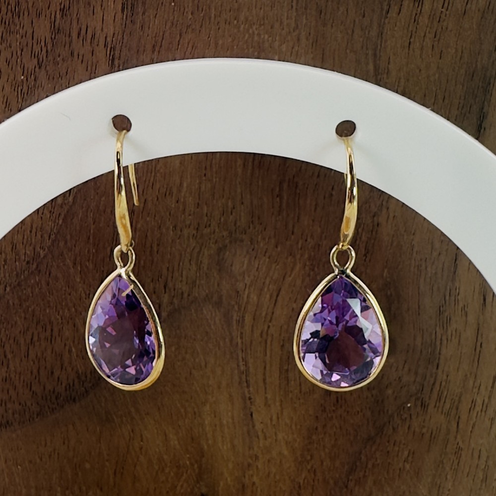 9ct Gold Large Pear Cut Amethyst Drop Earrings