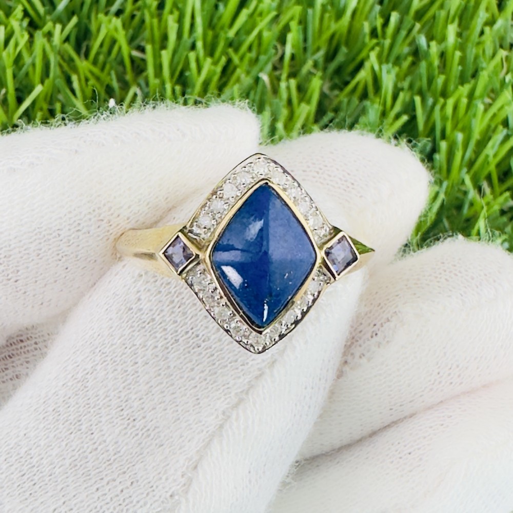 9ct Gold Lapis Lazuli, Diamond and Tanzanite Cluster Ring