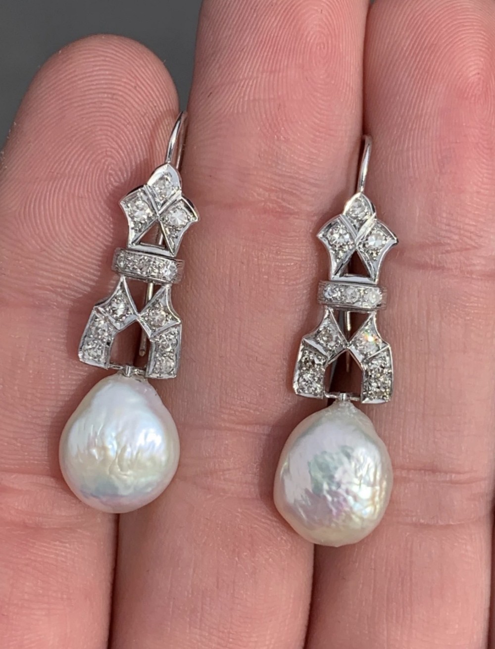 Platinum Art Deco Baroque Pearl and Diamond Cluster Drop Earrings C.1920's