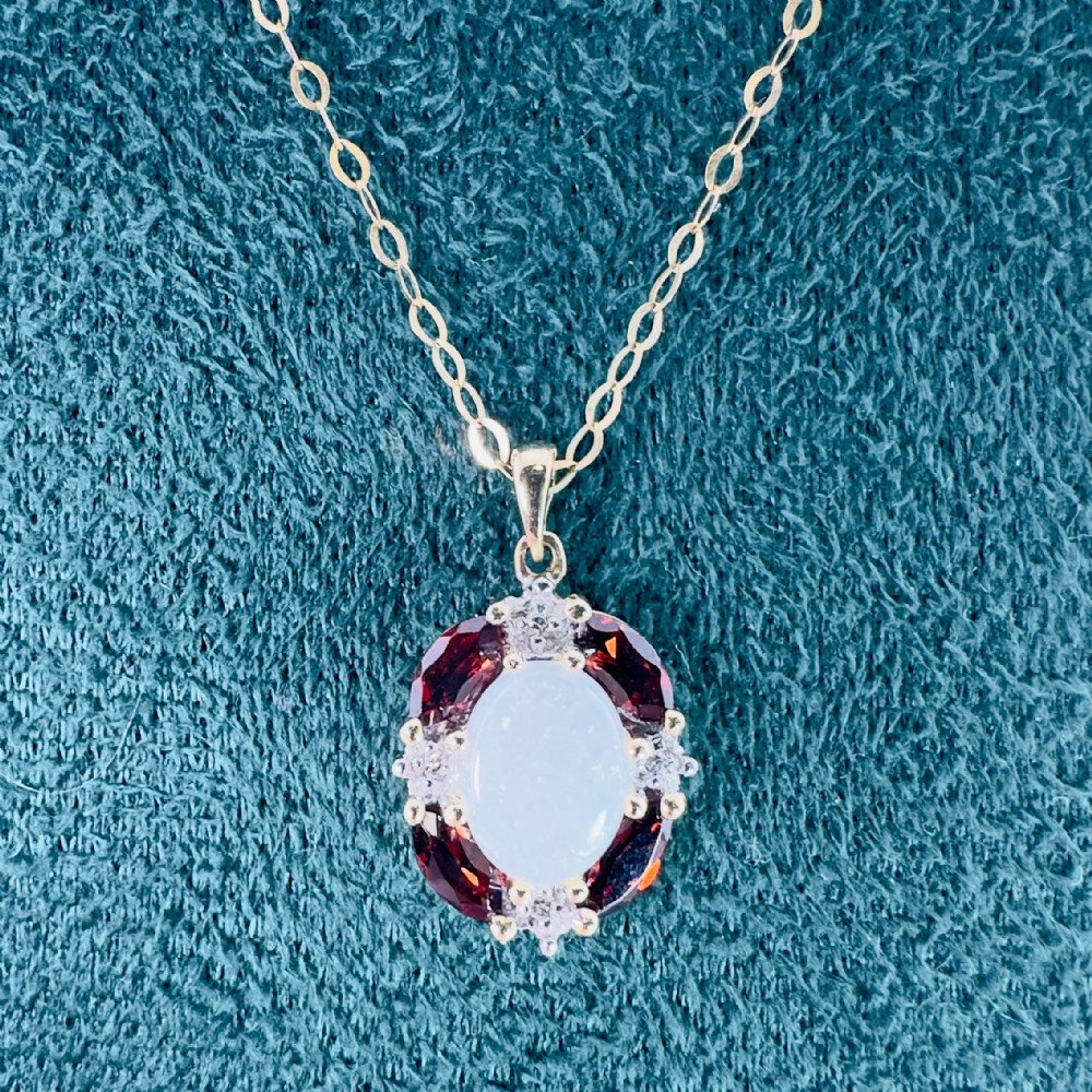 10ct Gold Vintage Opal, Diamond and Garnet Cluster Pendant Necklace