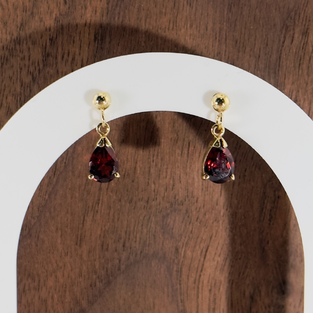 9ct Gold Pear Cut Garnet Drop Stud Earrings