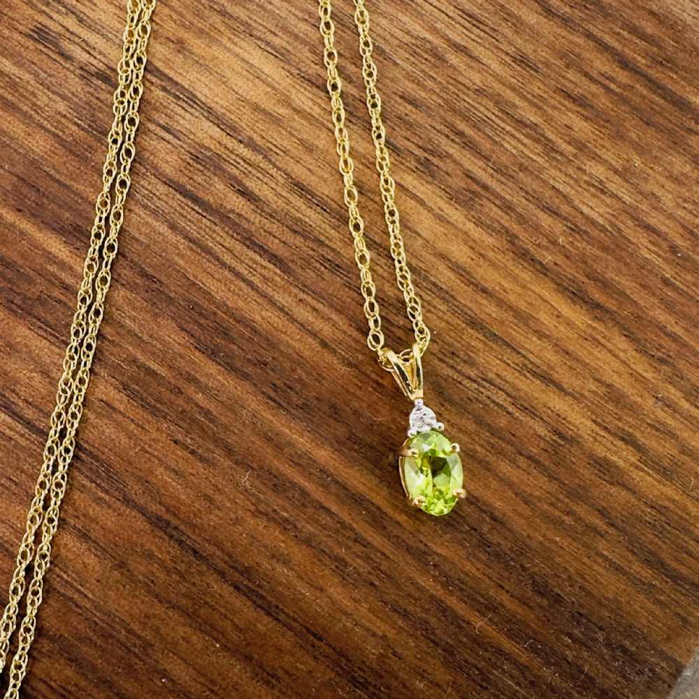 9ct Gold Oval Cut Peridot and Diamond Pendant Necklace