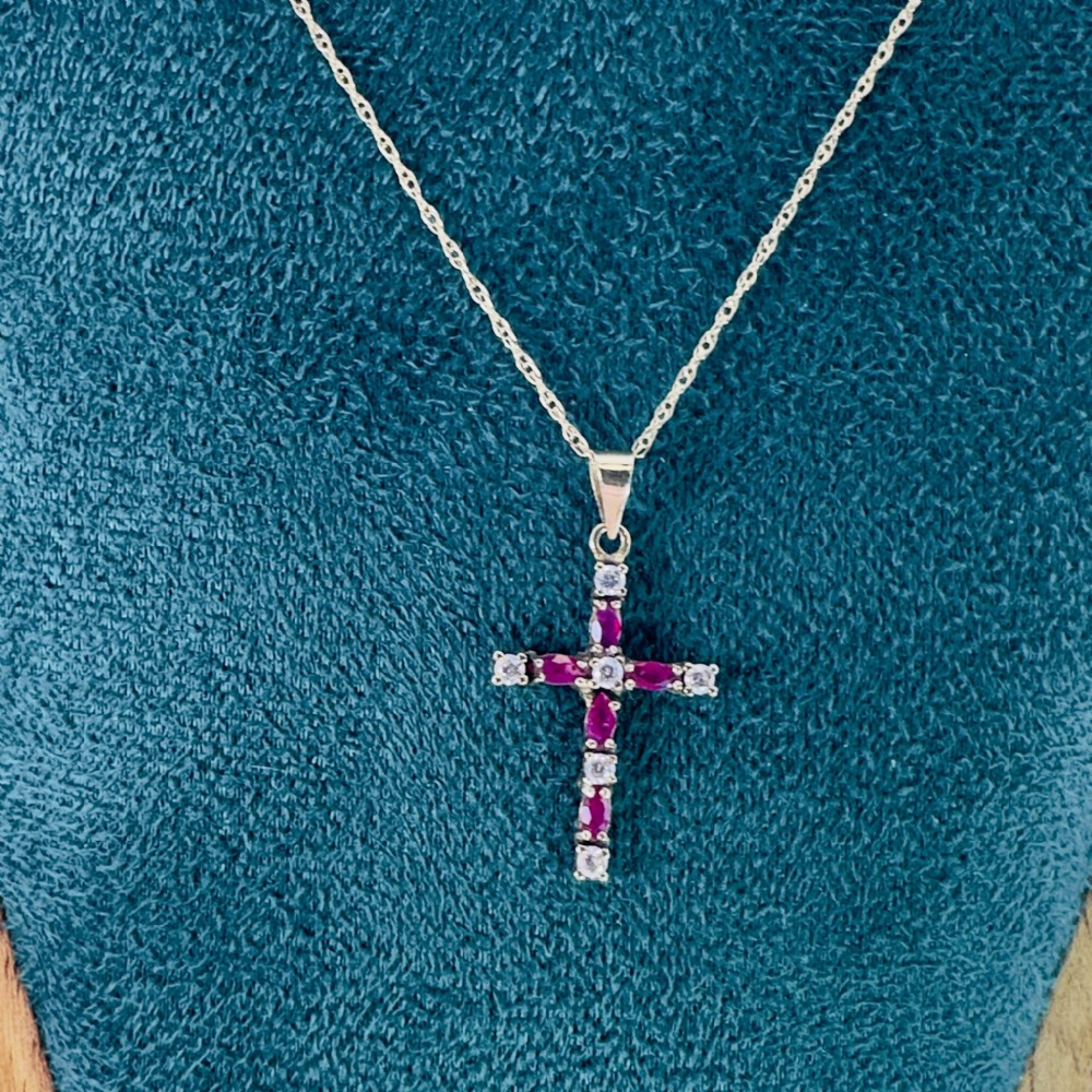 9ct Gold Ruby and White Spinel Cross Pendant Necklace