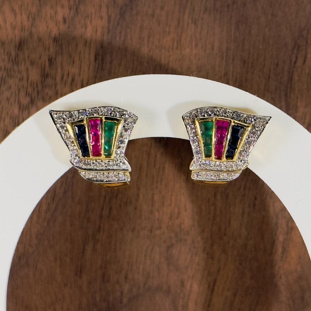 18ct Gold Emerald, Ruby, Sapphire and Diamond Cluster Stud Earrings 5.7g