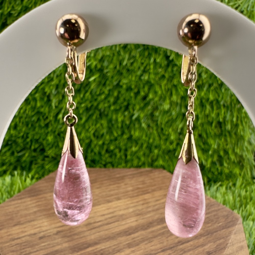 19ct Rose Gold Russian Imperial Pear Cut Pink Quartz Drops Screw Back Earring