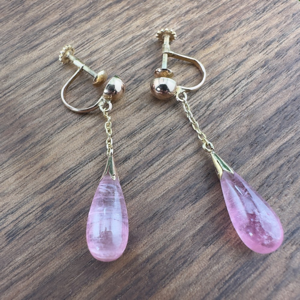 19ct Rose Gold Russian Imperial Pear Cut Pink Quartz Drops Screw Back Earring View V