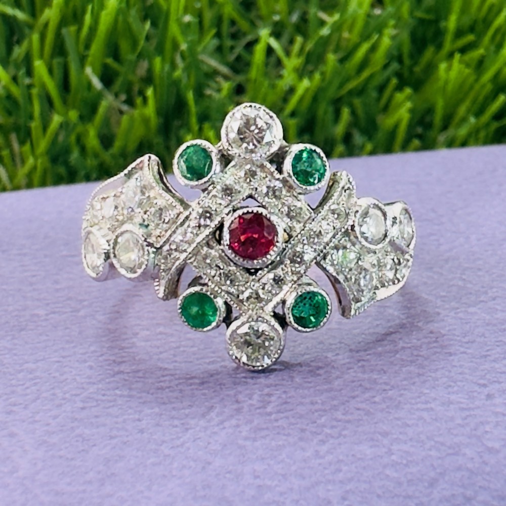 18ct Gold Ruby, Emerald and Diamond (1.00ct) Cluster Ring