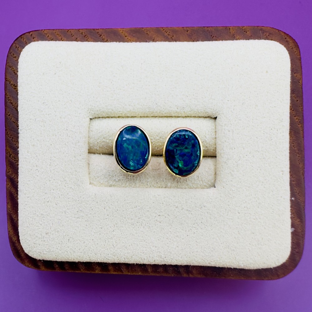 18ct Gold Oval Cut Black Boulder Opal Stud Earrings View II
