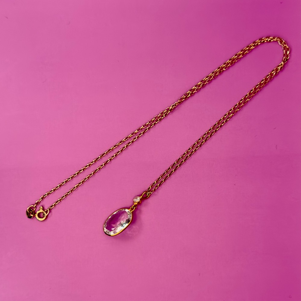 18ct Gold Art Deco Large Oval Cut Aquamarine (7.00ct) & Diamond (0.20ct) Pendant Necklace C.1920's View XII