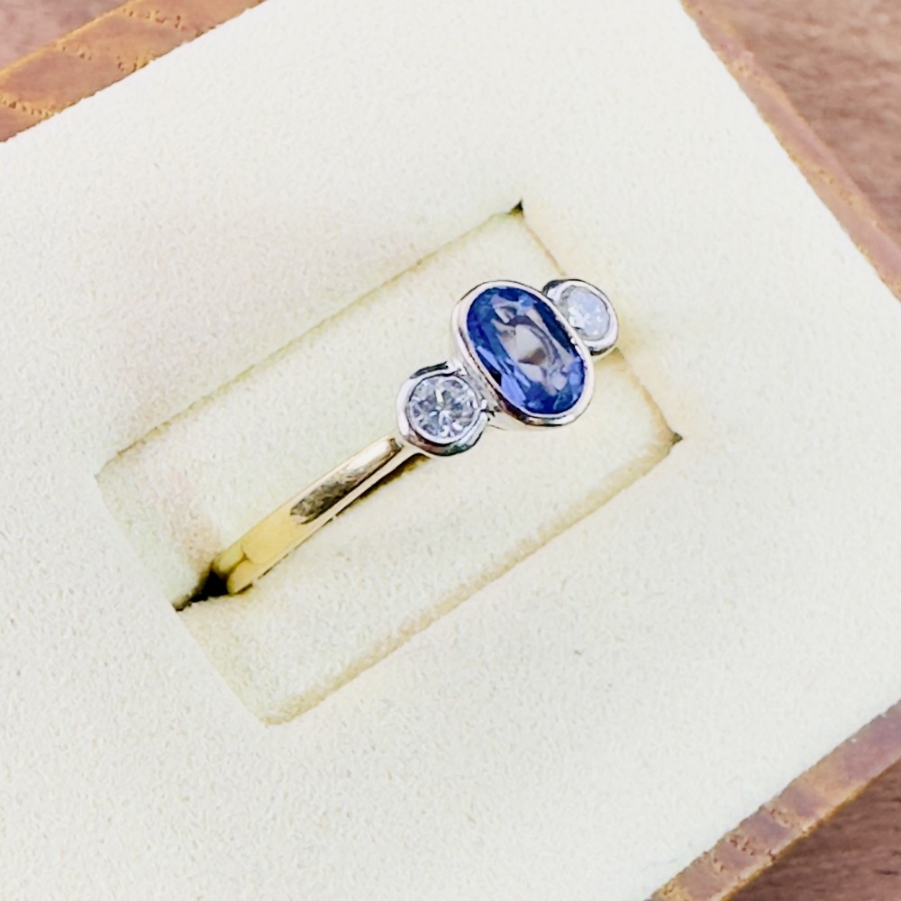 18ct Gold Tanzanite and Diamond three Stone Ring