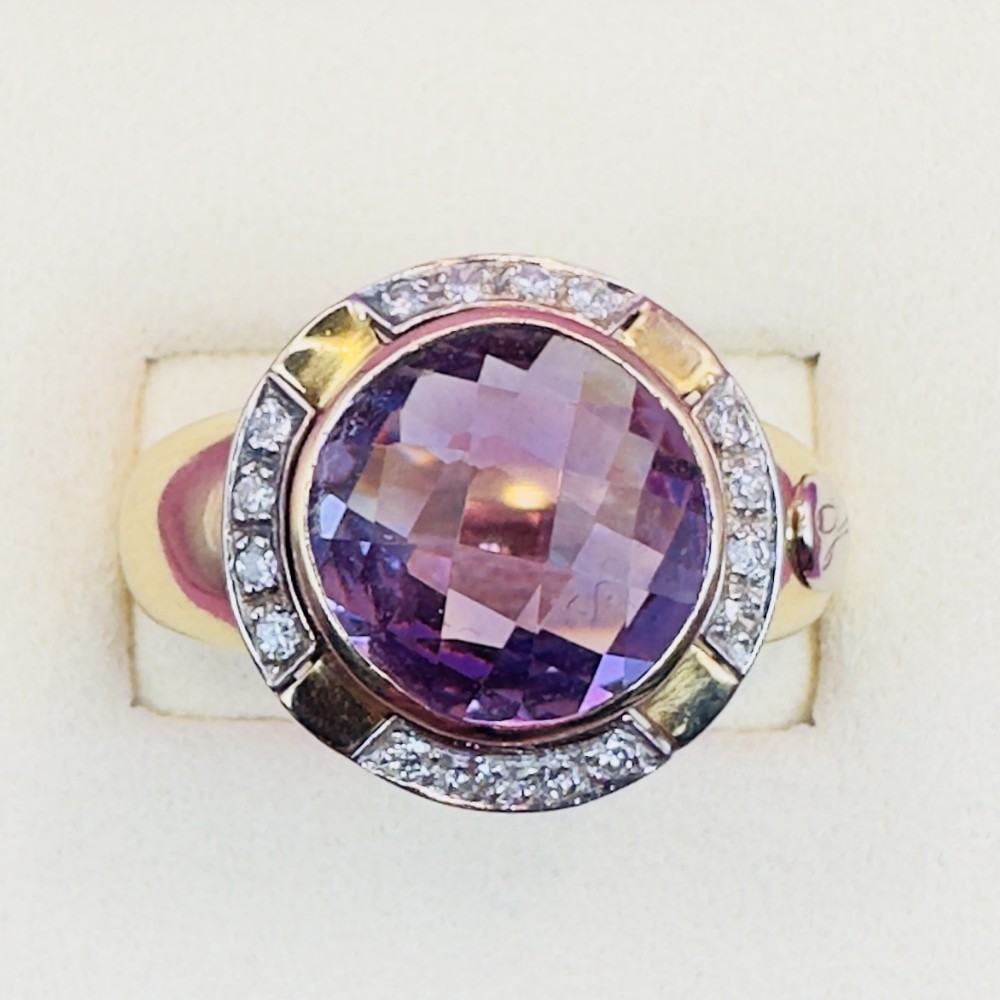 18ct Gold Large Faceted Purple Sapphire and Diamond Ring